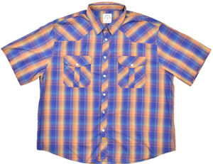 DUBINIK Men's 3XL Western Pearl Snap Shirt Plaid Short Sleeve Blue Orange Cotton
